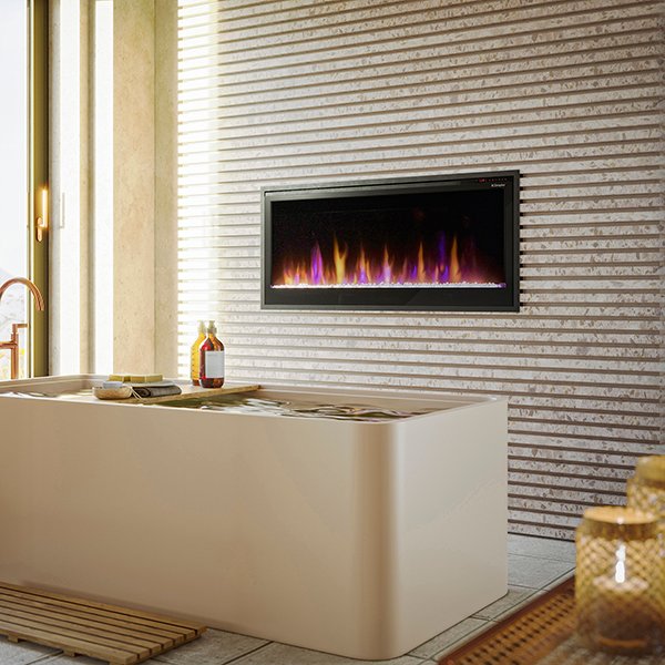 Modern electric linear fireplace installation in Lake Forest CA